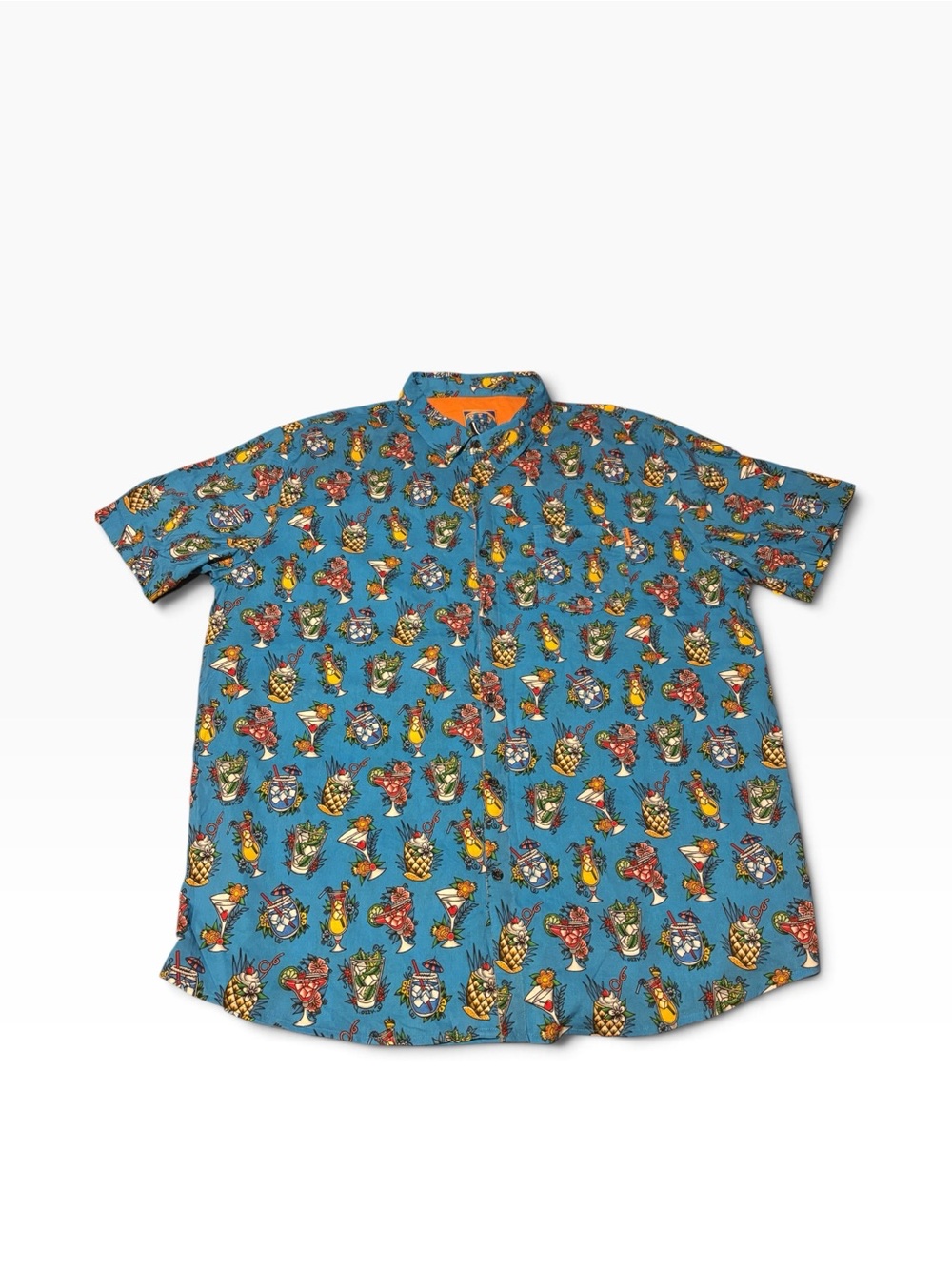 Pardy Time Shirt Mens Medium
Blue Tropical Drinks Print Button
Up 3XL